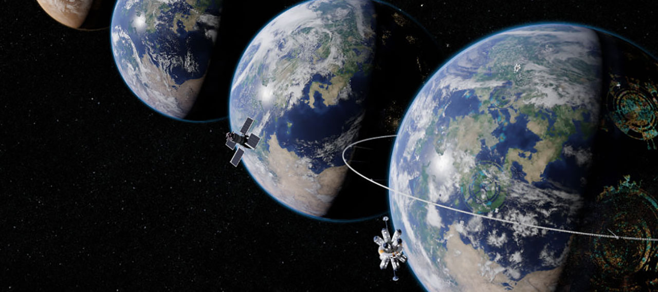 A graphic illustration of the movement of planet earth and a satellite.