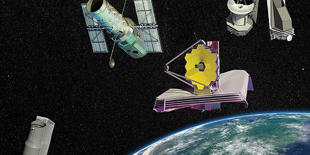 A graphic illustration of satellites with connections to the University.