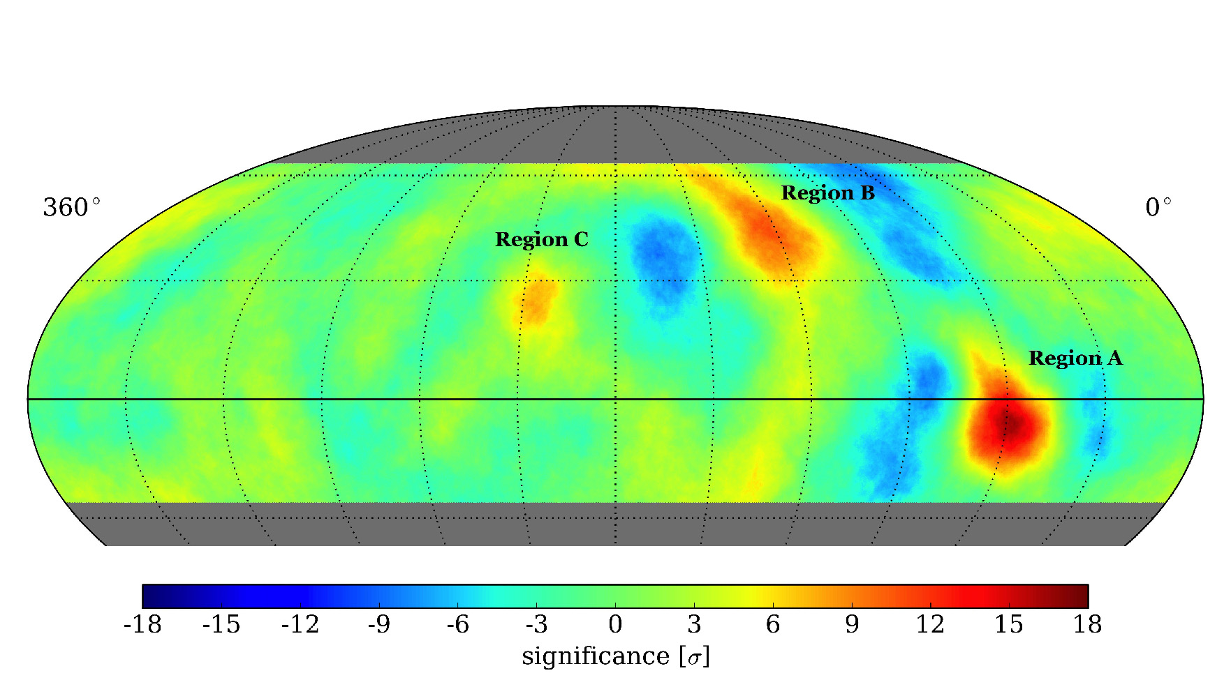 Relative intensity of the cosmic-ray flux after the elimination of the large-scale structure. Image: HAWC Collaboration