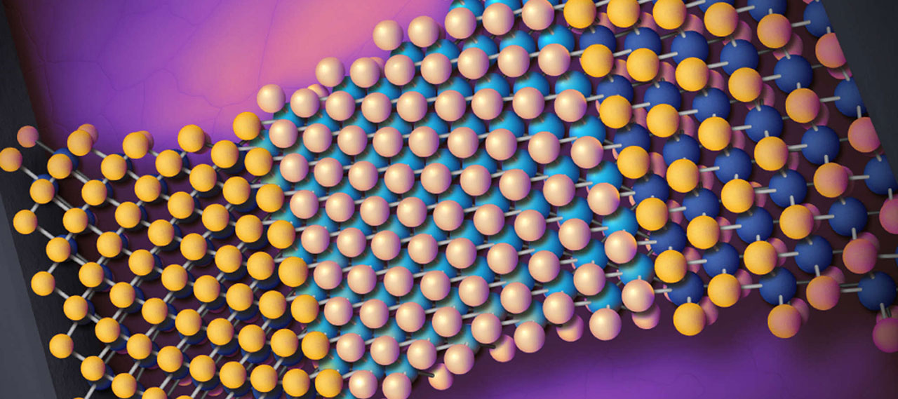 Illustration of a 2D material represented by dots of various colors against a magenta background to help explain phase-change memristors technology.