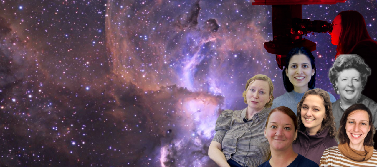 A collage of women in physics and astronomy, with a space galaxy background.
