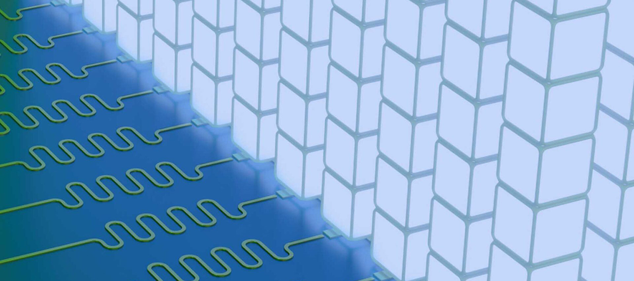 Illustration of a close-up of vertical stacks of light blue cubes representing qudits in Hilbert space connected at the bottom to circuitry.