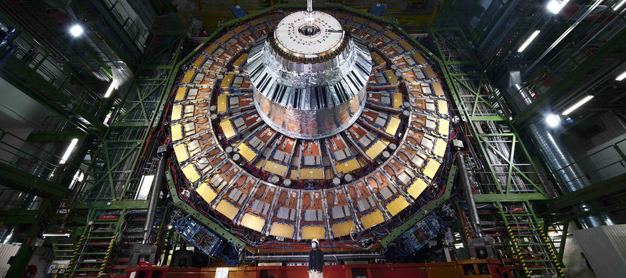 Low angle view of CERN Compact Muon Solenoid detector, used to measure the electroweak mixing angle, a component of the Standard Model of Particle Physics.