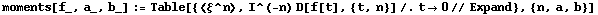 moments[f_, a_, b_] := Table[{<ξ^n>, I^(-n) D[f[t], {t, n}]/.t→0//Expand}, {n, a, b}]